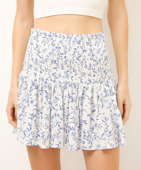 saia curta de viscose floral off white