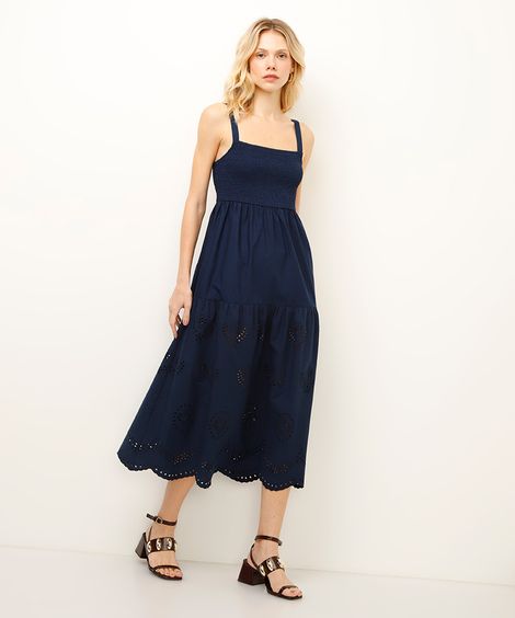 vestido midi de algodão com bordado azul