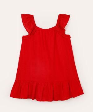 vestido infantil manga de laise texturizado vermelho