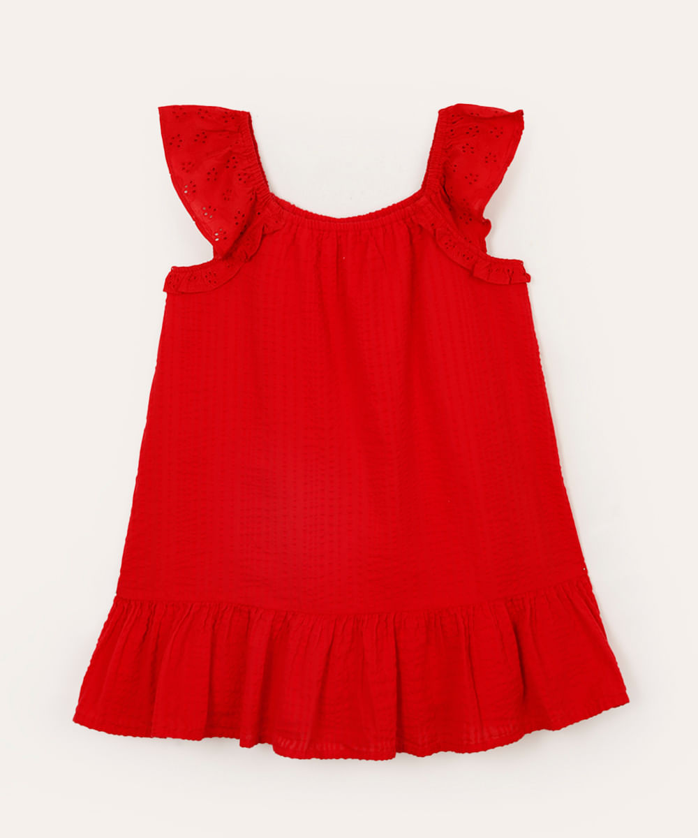 vestido infantil manga de laise texturizado vermelho