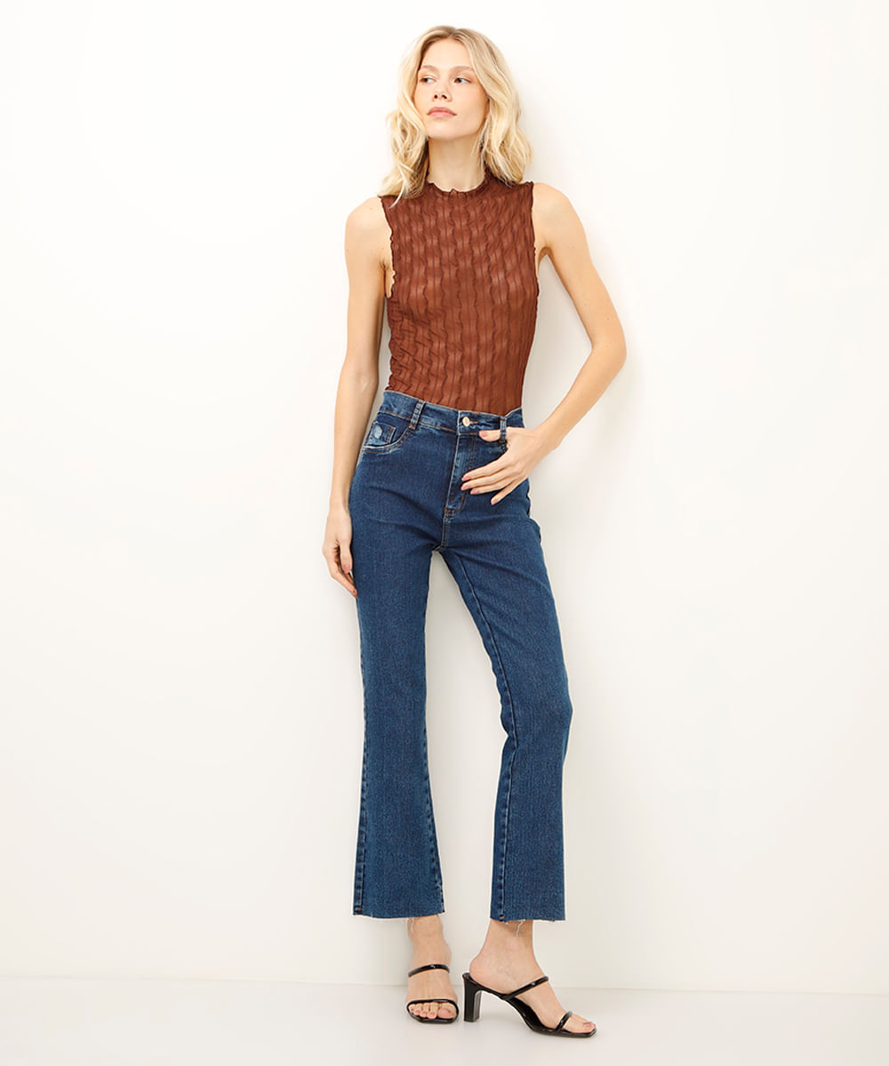 calça flare cropped jeans sawary azul