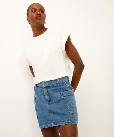 saia curta jeans com cinto azul
