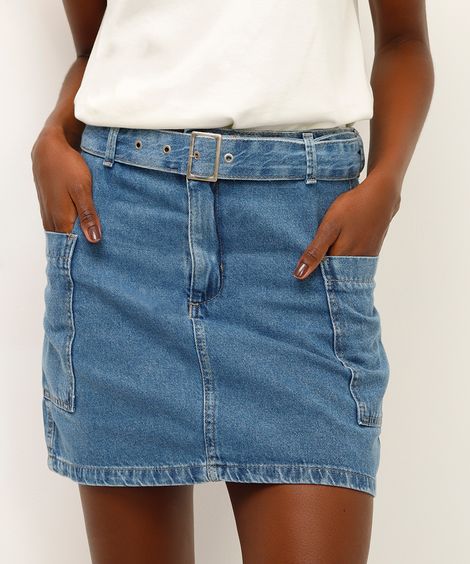 saia curta jeans com cinto azul