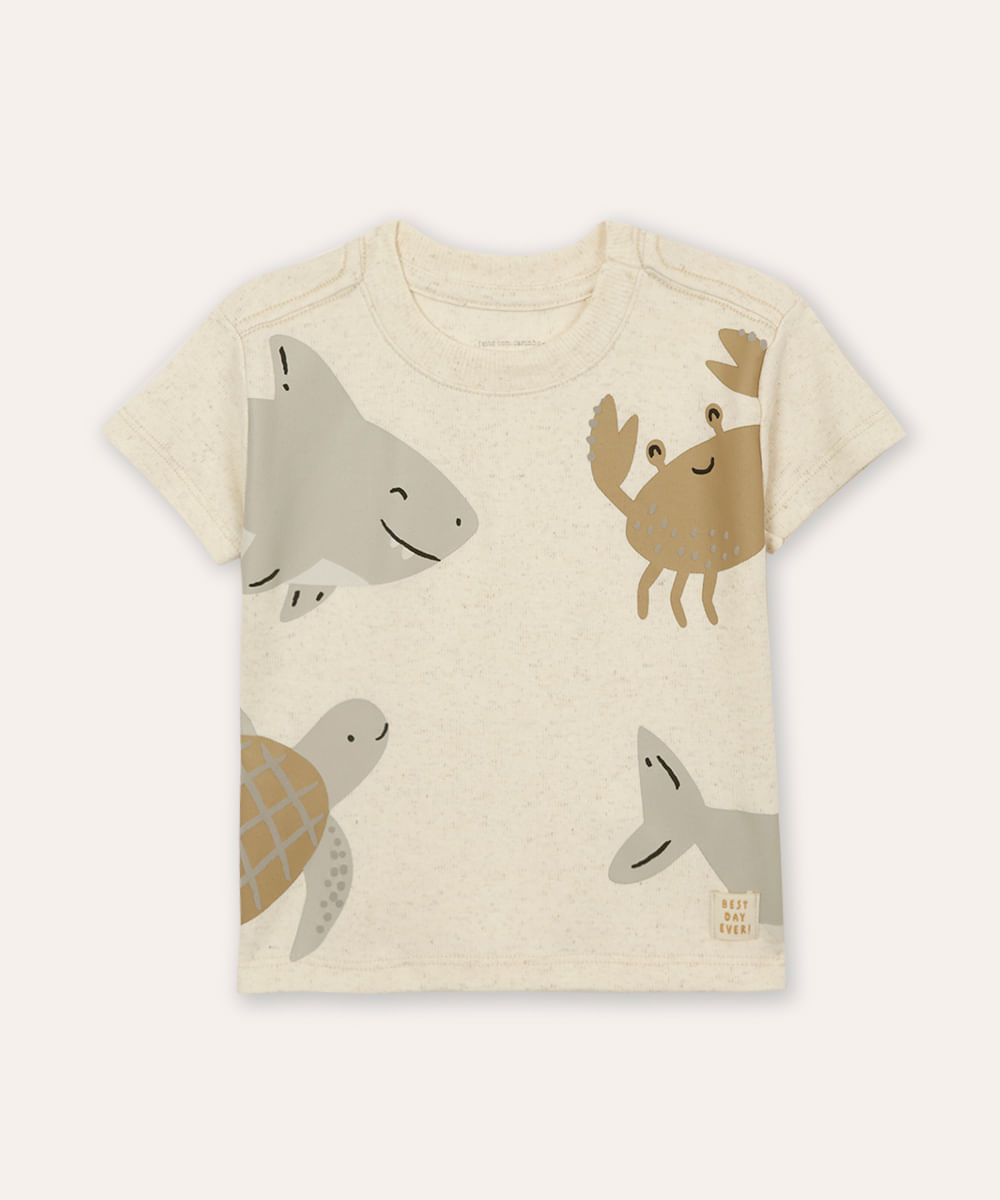 camiseta com linho infantil bichinhos do mar bege