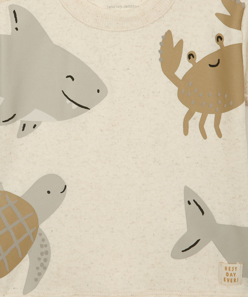 camiseta com linho infantil bichinhos do mar bege