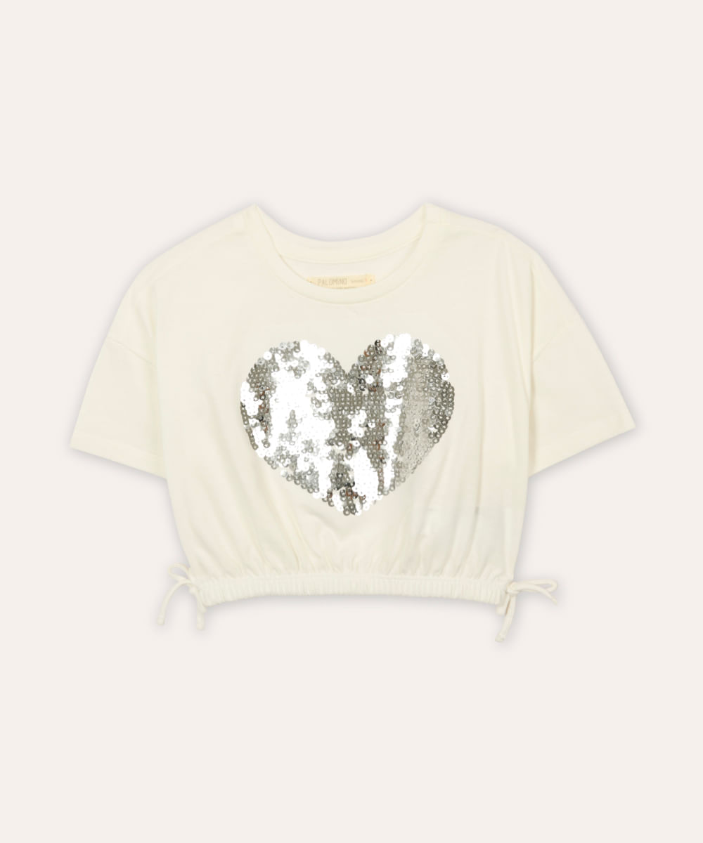 camiseta de algodão infantil coração paetê off white