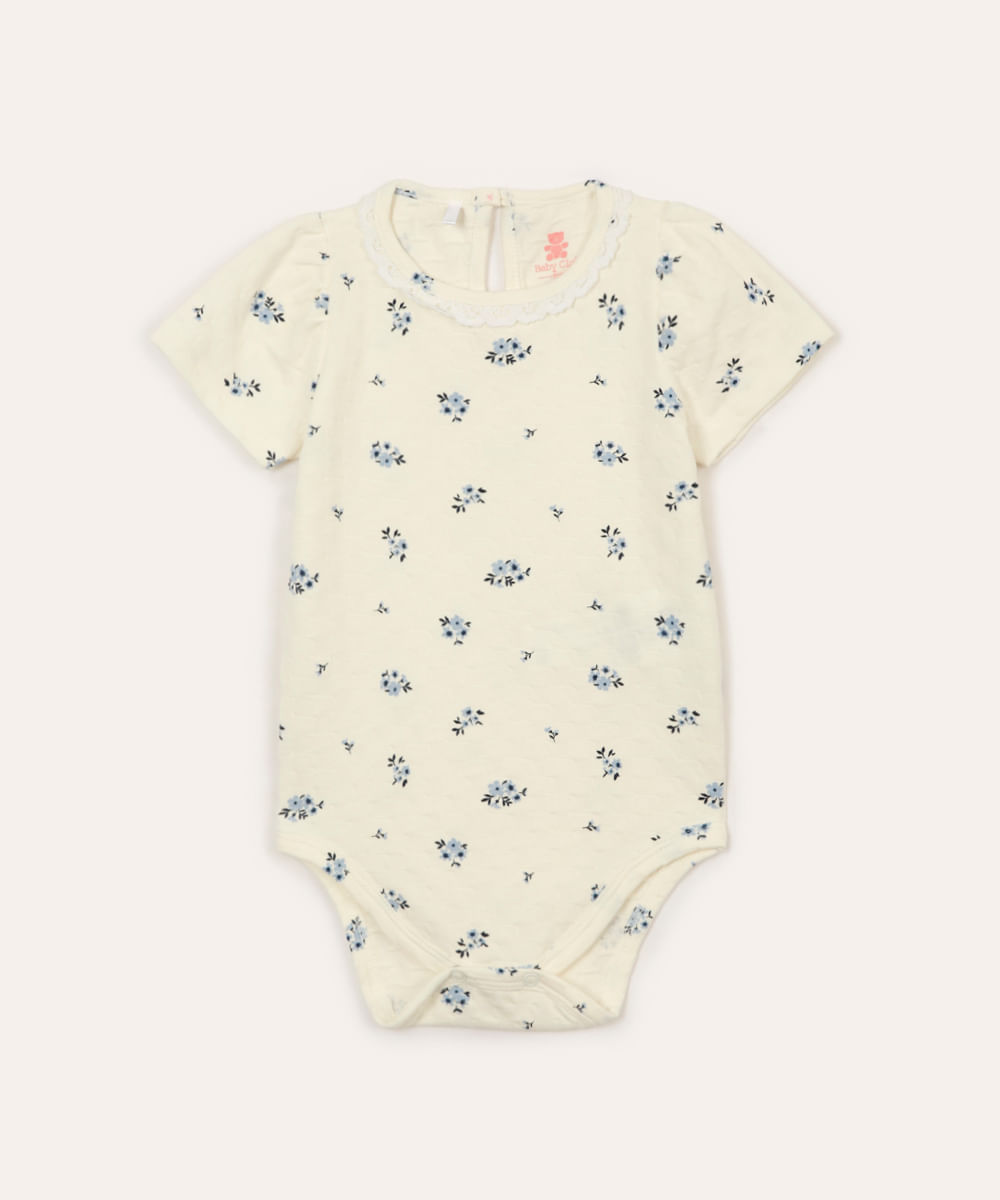 body infantil de algodão com renda floral off white