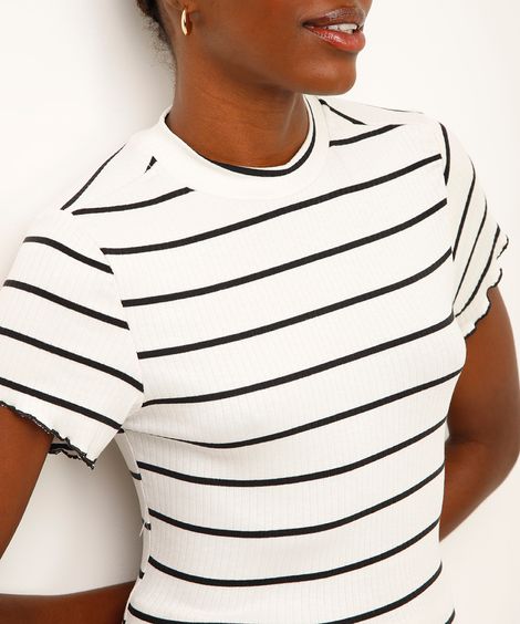 blusa de viscose gola alta listrada off white