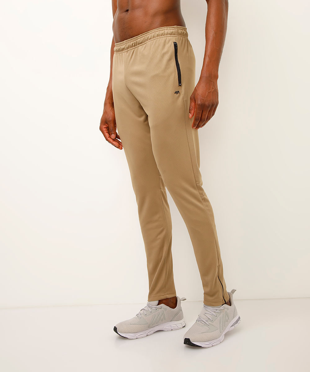 calça slim com recorte elástico e zíper esportiva marrom