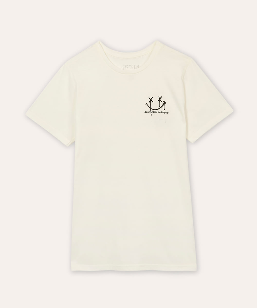 camiseta de algodão juvenil be happy off white