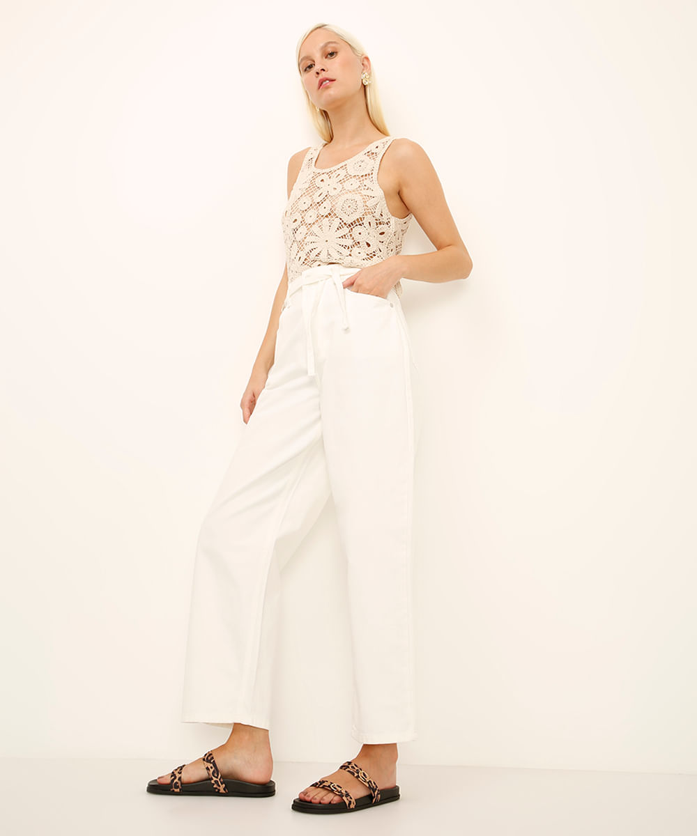 calça wide leg de sarja com cinto off white