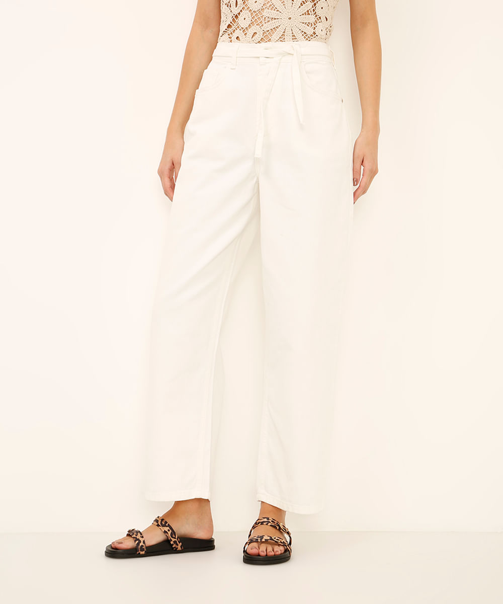 calça wide leg de sarja com cinto off white