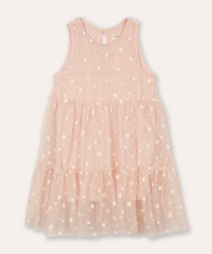 vestido de tule infantil estrelinha com brilho rosa