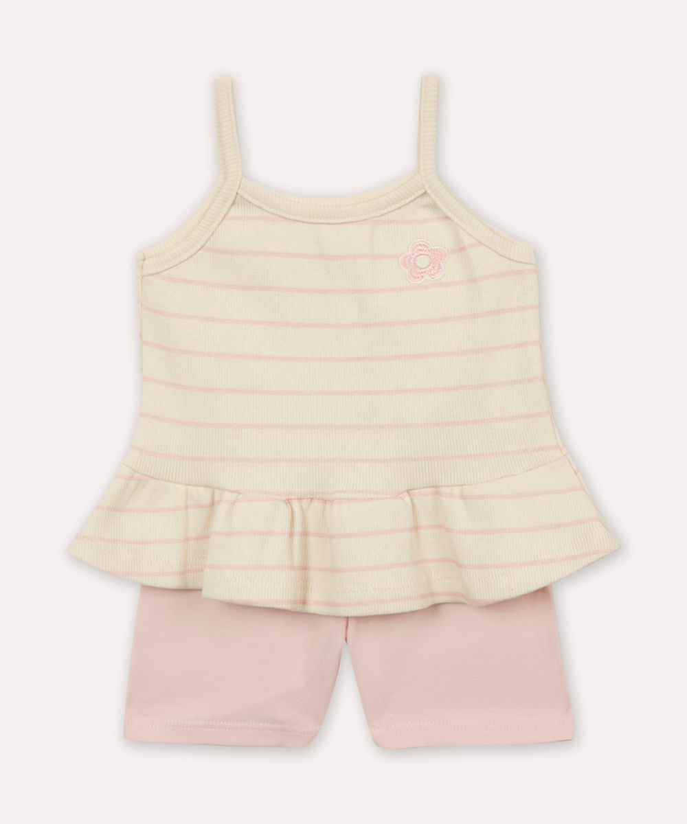 conjunto infantil de algodão listrado floral rosa