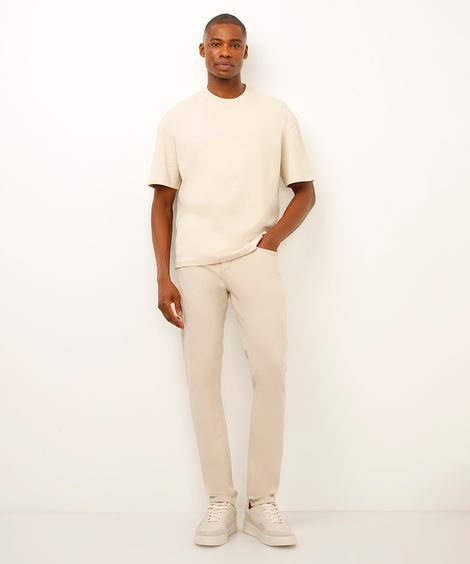 calça slim de sarja bege