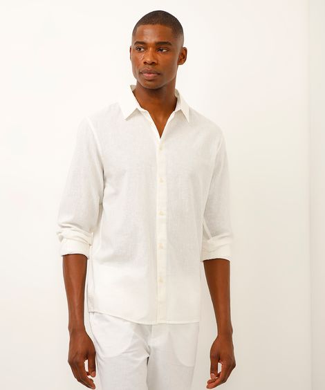 camisa de linho e algodão manga longa verde médio - branco