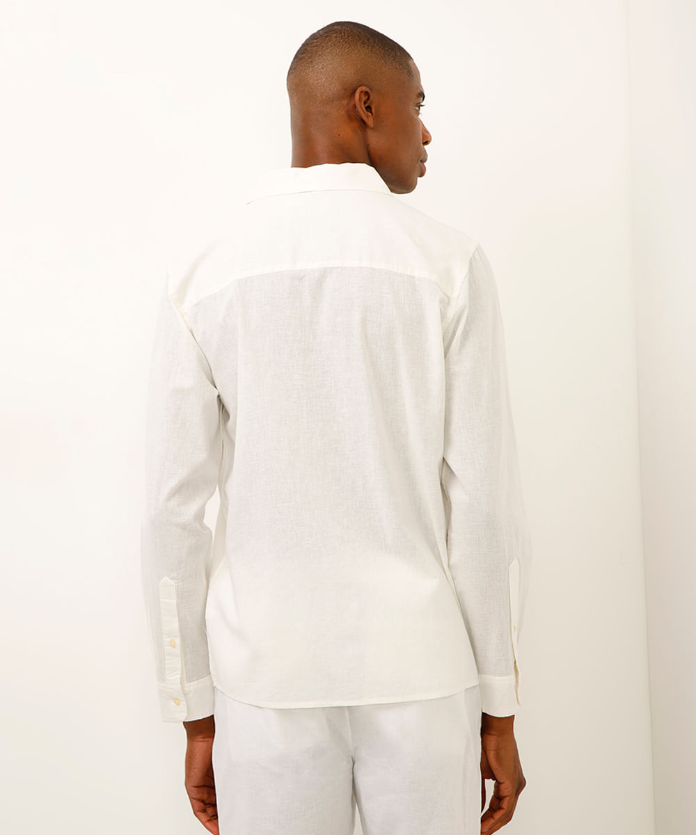 camisa de linho e algodão manga longa verde médio - branco