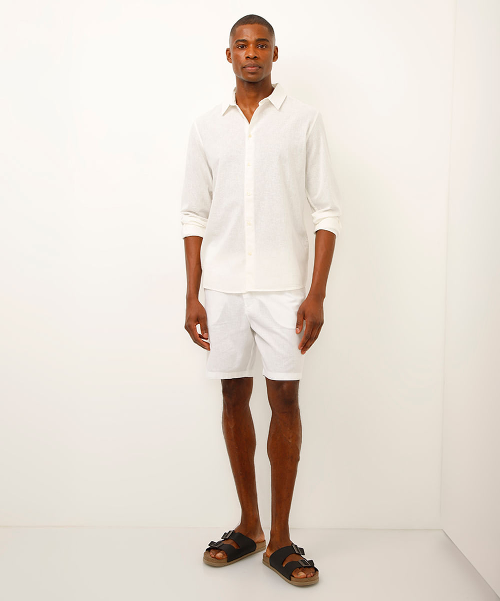camisa de linho e algodão manga longa verde médio - branco