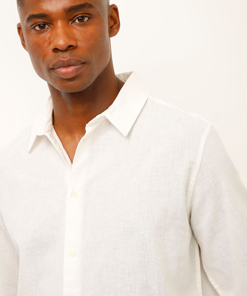 camisa de linho e algodão manga longa verde médio - branco