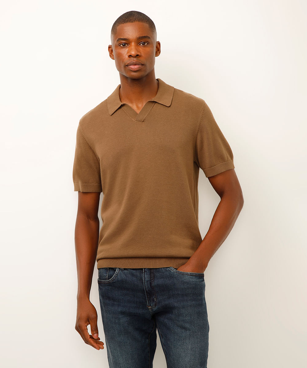 polo de tricot manga curta marrom