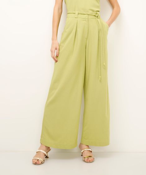 calça wide leg cropped com linho verde