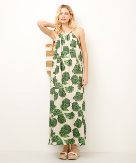 vestido longo halterneck folhagem bege