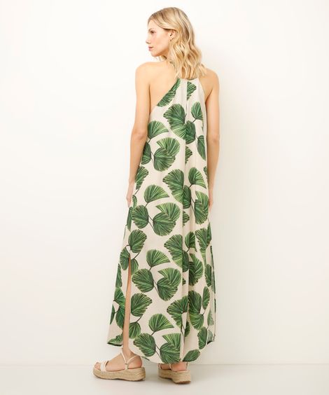 vestido longo halterneck folhagem bege