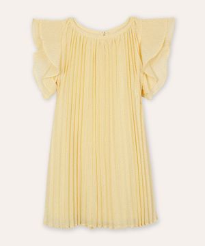 vestido midi infantil plissado com glitter amarelo