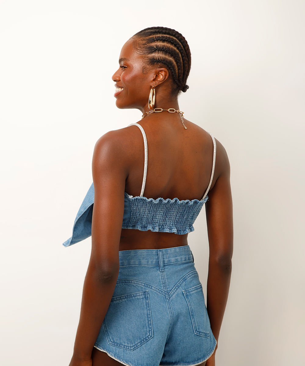 cropped jeans com laço azul