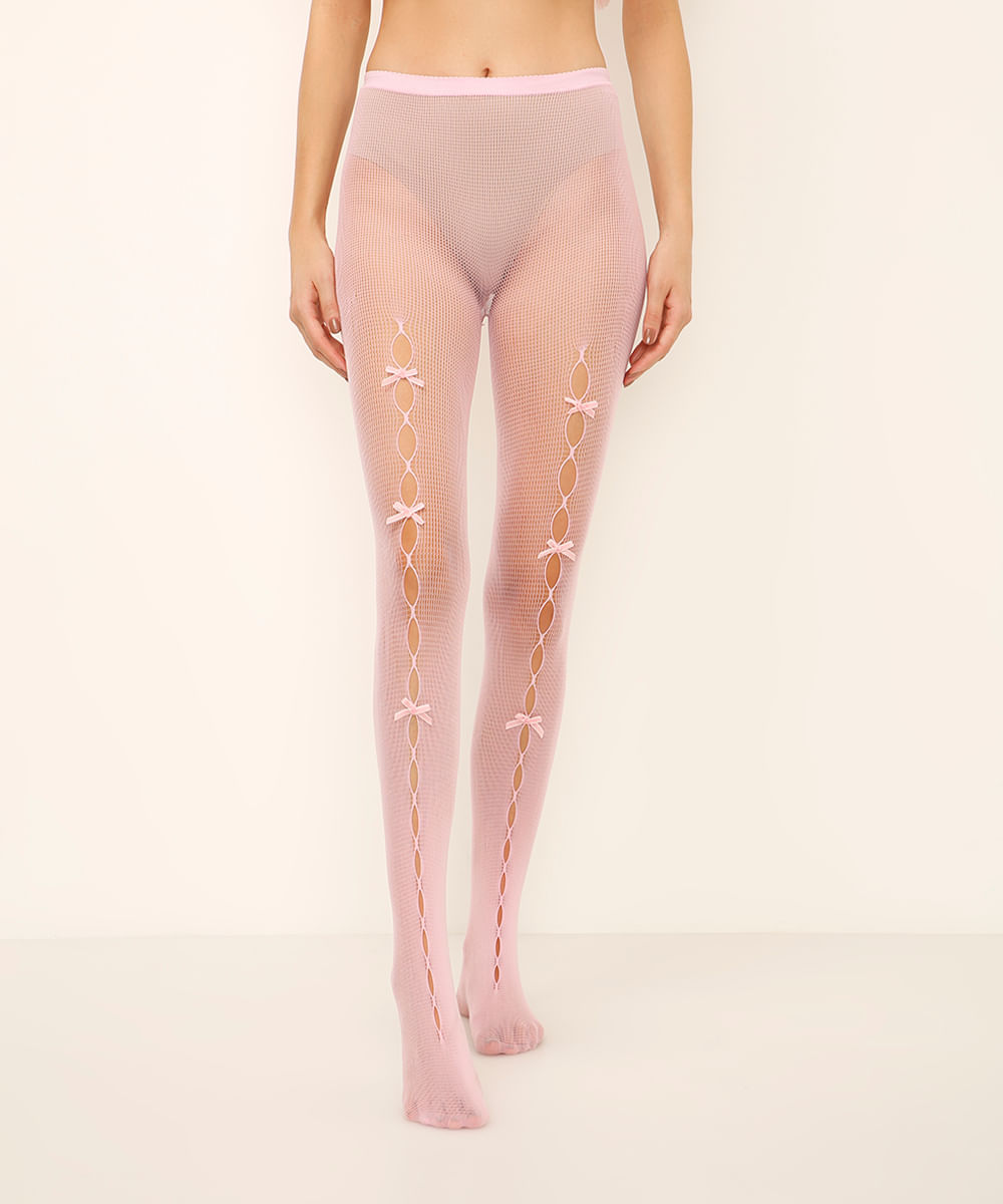 meia calça arrastão com laços rosa
