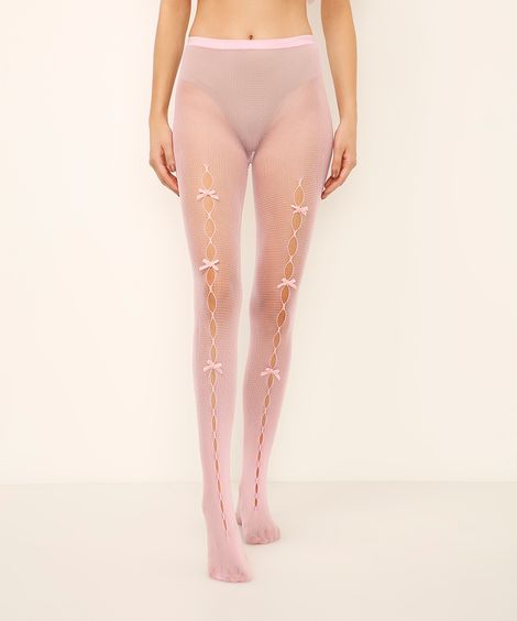 meia calça arrastão com laços rosa