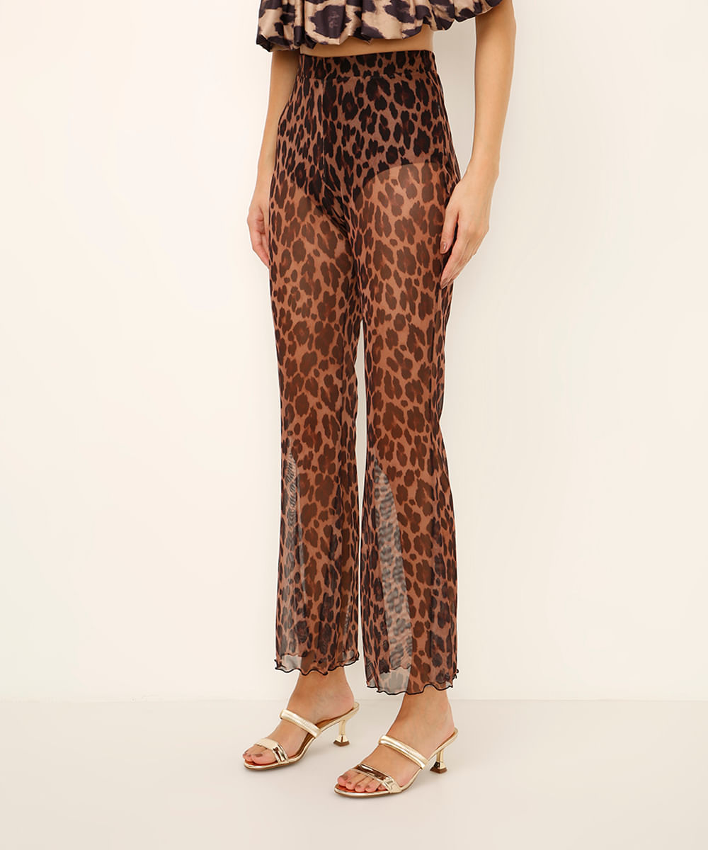 calça pantalona de tule animal print marrom
