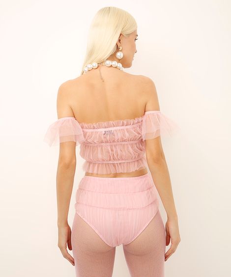cropped de tule franzido rosa