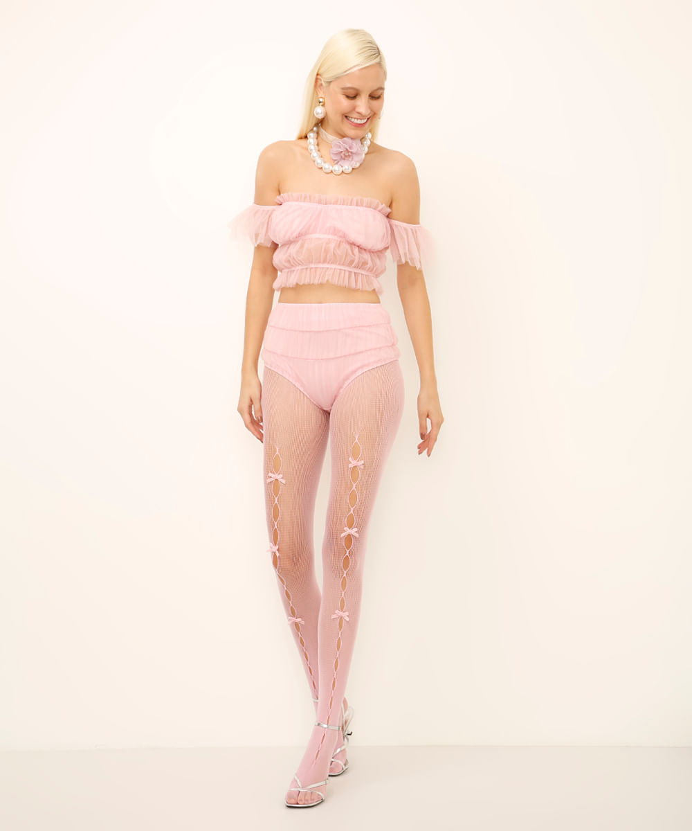 cropped de tule franzido rosa