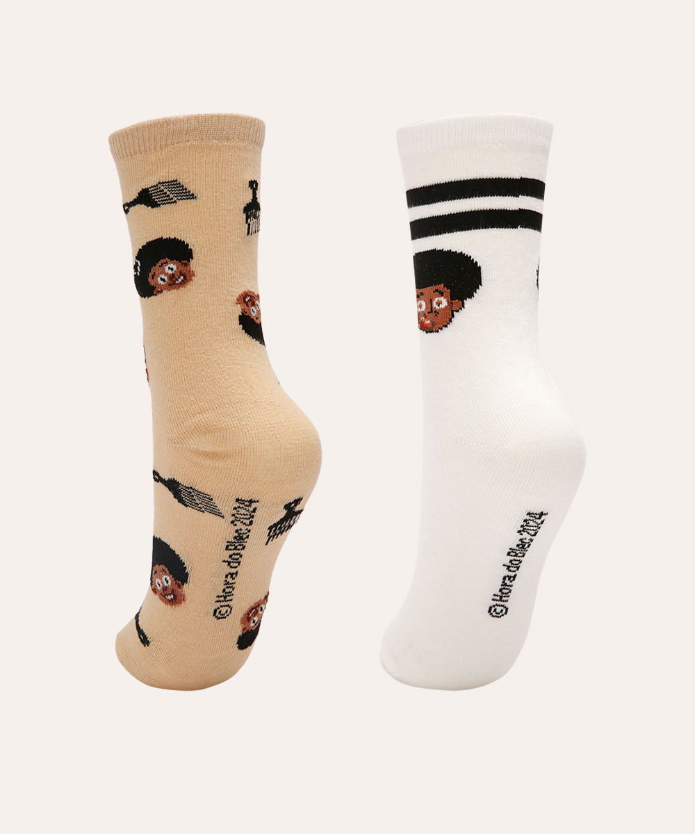 kit de 2 meias infantis cano longo hora do blec colorida