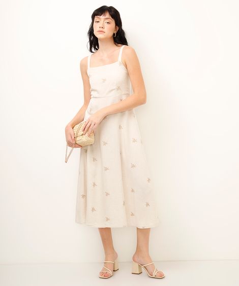 vestido midi bordado com linho bege