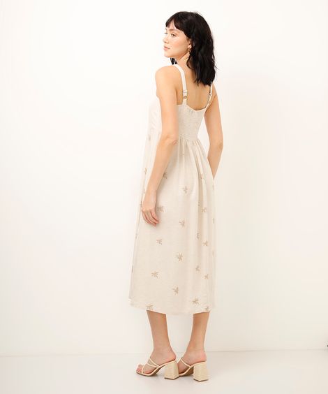 vestido midi bordado com linho bege