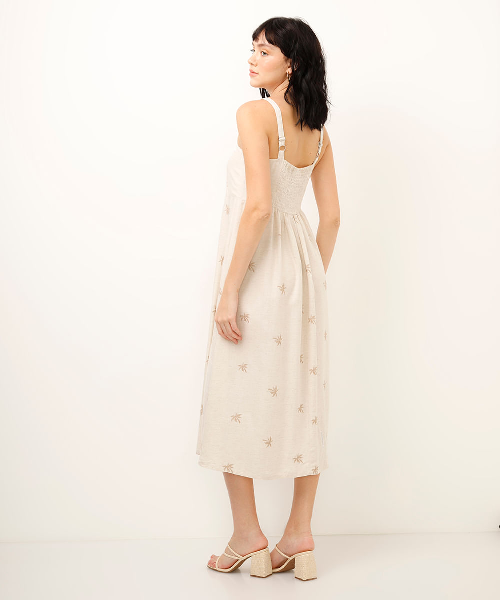 vestido midi bordado com linho bege