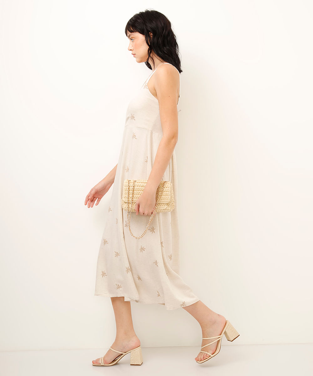 vestido midi bordado com linho bege