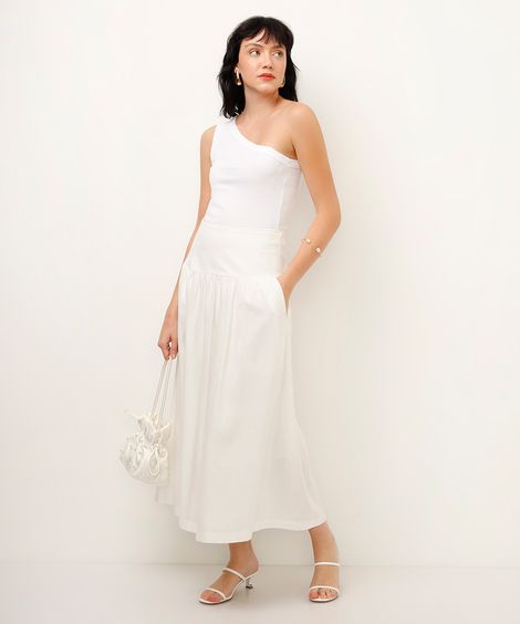 saia midi com linho off white