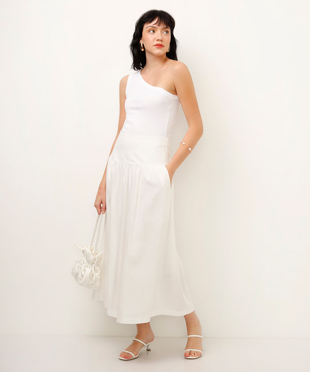 saia midi com linho off white