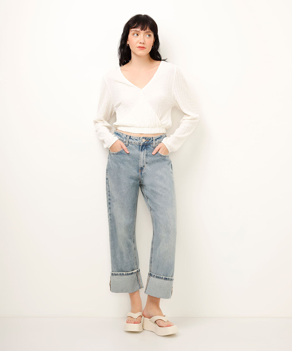 blusa com transpasse manga bufante texturizada off white