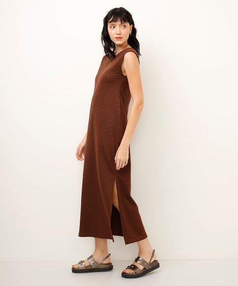 vestido longo de algodão com fendas marrom