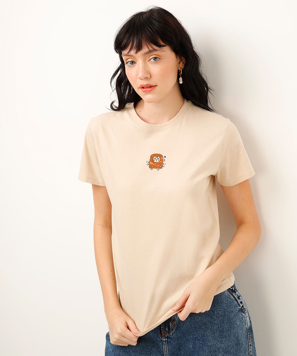 camiseta de algodão gatinho bege