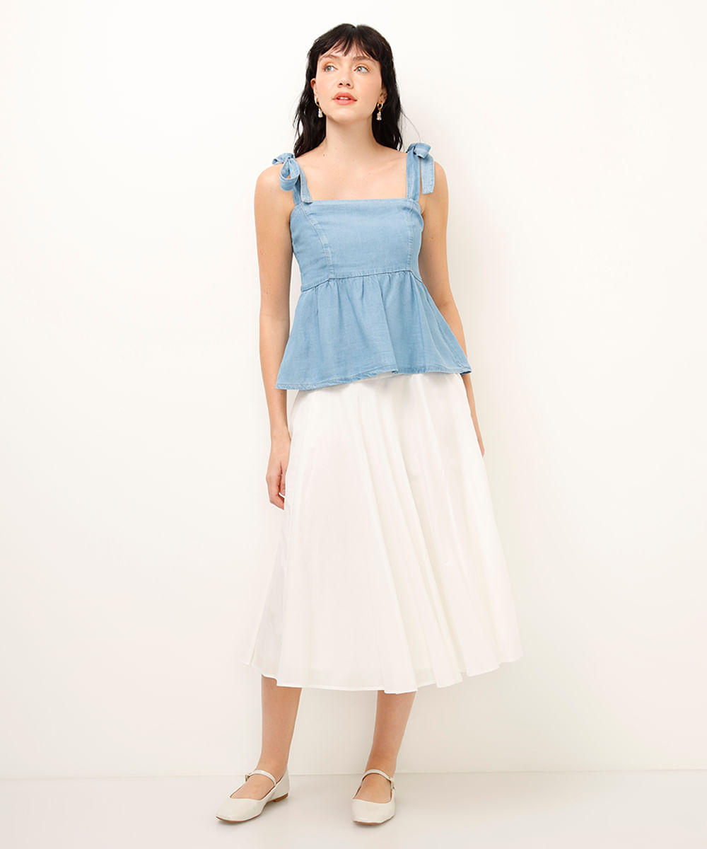 blusa jeans com amarração azul