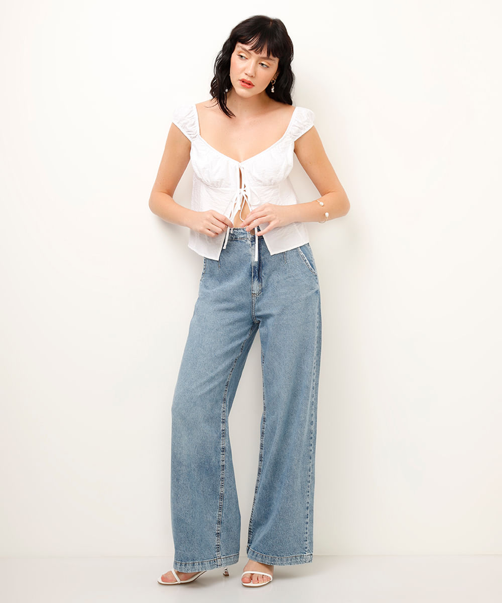 calça wide leg jeans azul