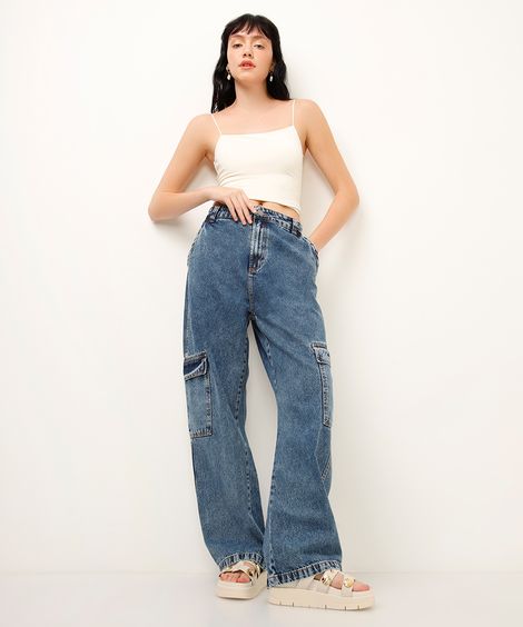 calça wide leg jeans com bolso cargo azul