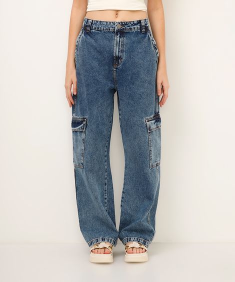 calça wide leg jeans com bolso cargo azul