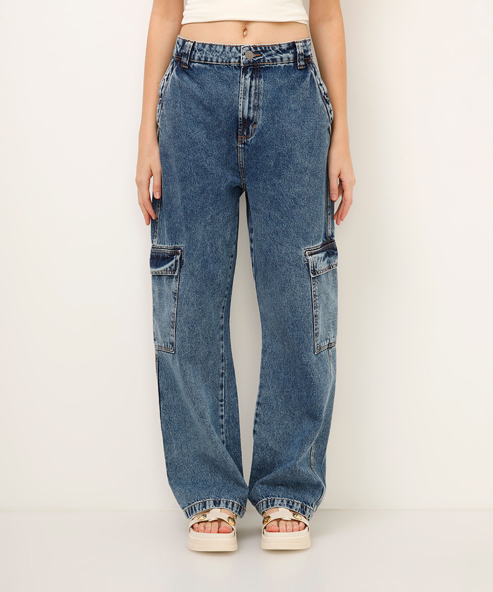 calça wide leg jeans com bolso cargo azul