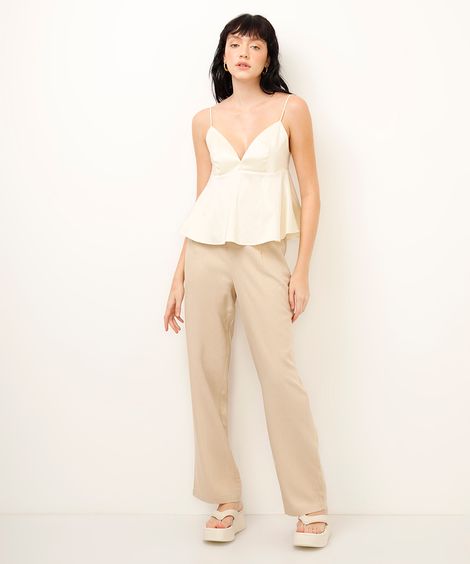 calça wide leg com linho - bege